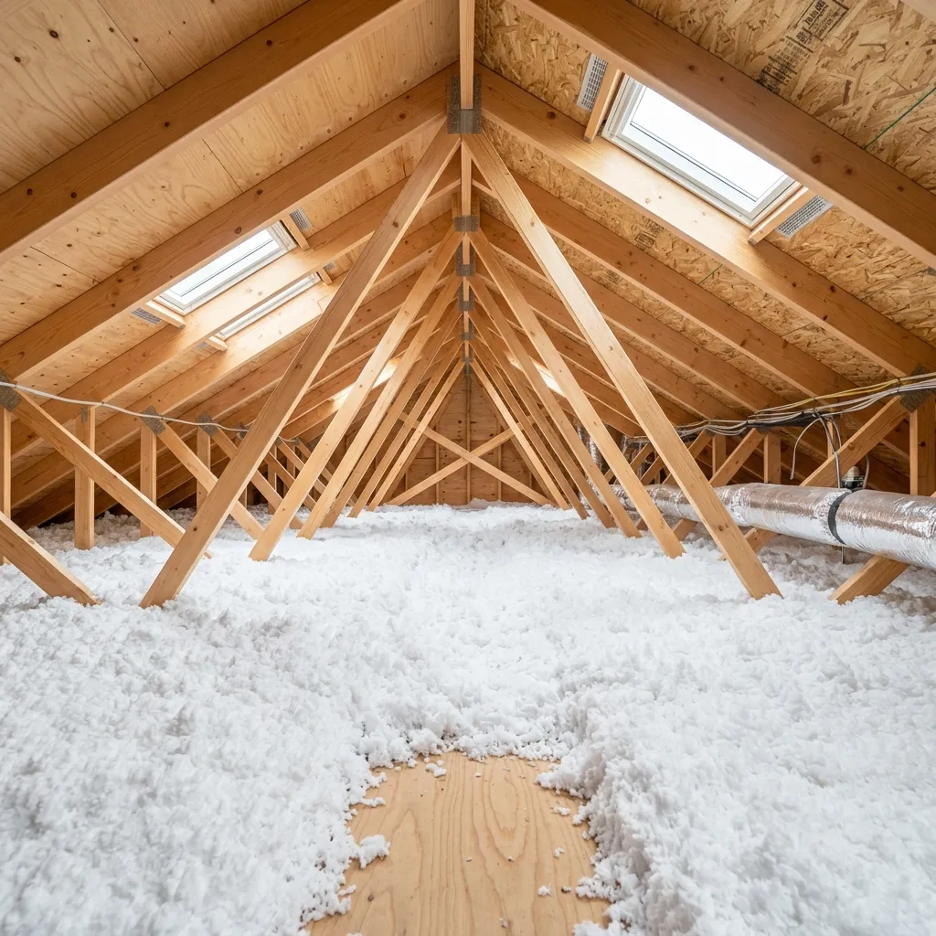 Blown-in attic insulation installed between wood roof trusses