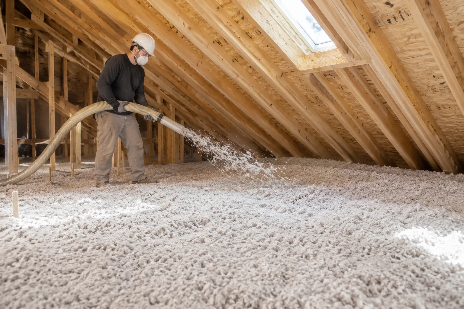 Even thick layer of clean white blown-in fiberglass loose-fill insulation across a wood-framed Abbotsford attic floor