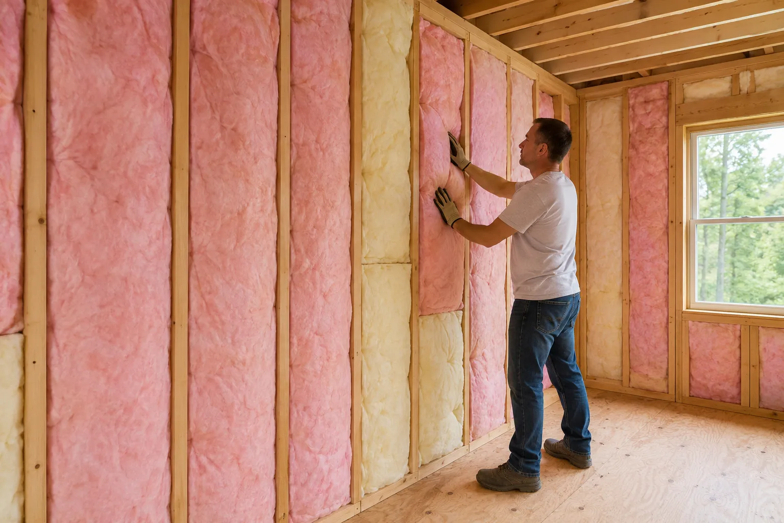 Fibreglass batt insulation fitted between wall studs