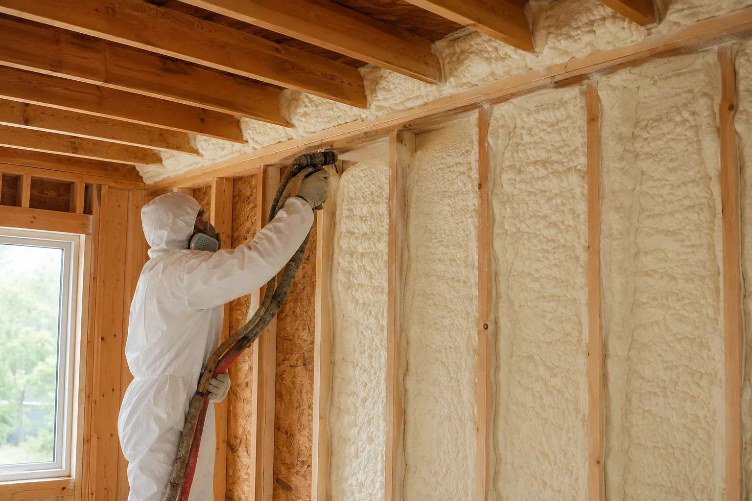 Closed-cell spray foam insulation sealing a basement rim joist