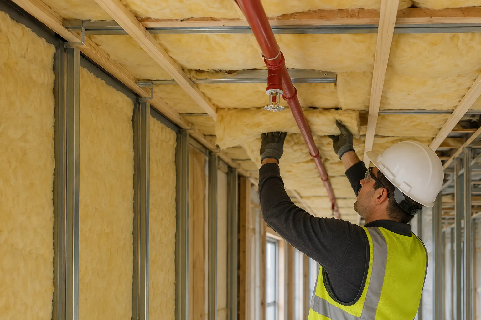 Tidy batt insulation fitted around a red fire-sprinkler pipe and head in a framed ceiling, kept clear of the sprinkler head