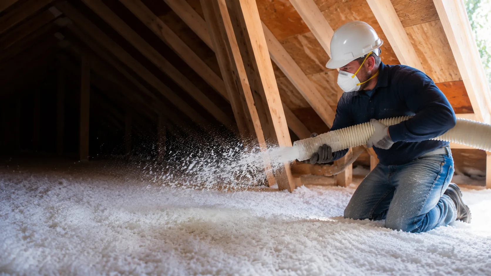 Attic insulation Abbotsford — worker spreading clean white blown-in fiberglass loose-fill evenly across a wood-framed attic floor