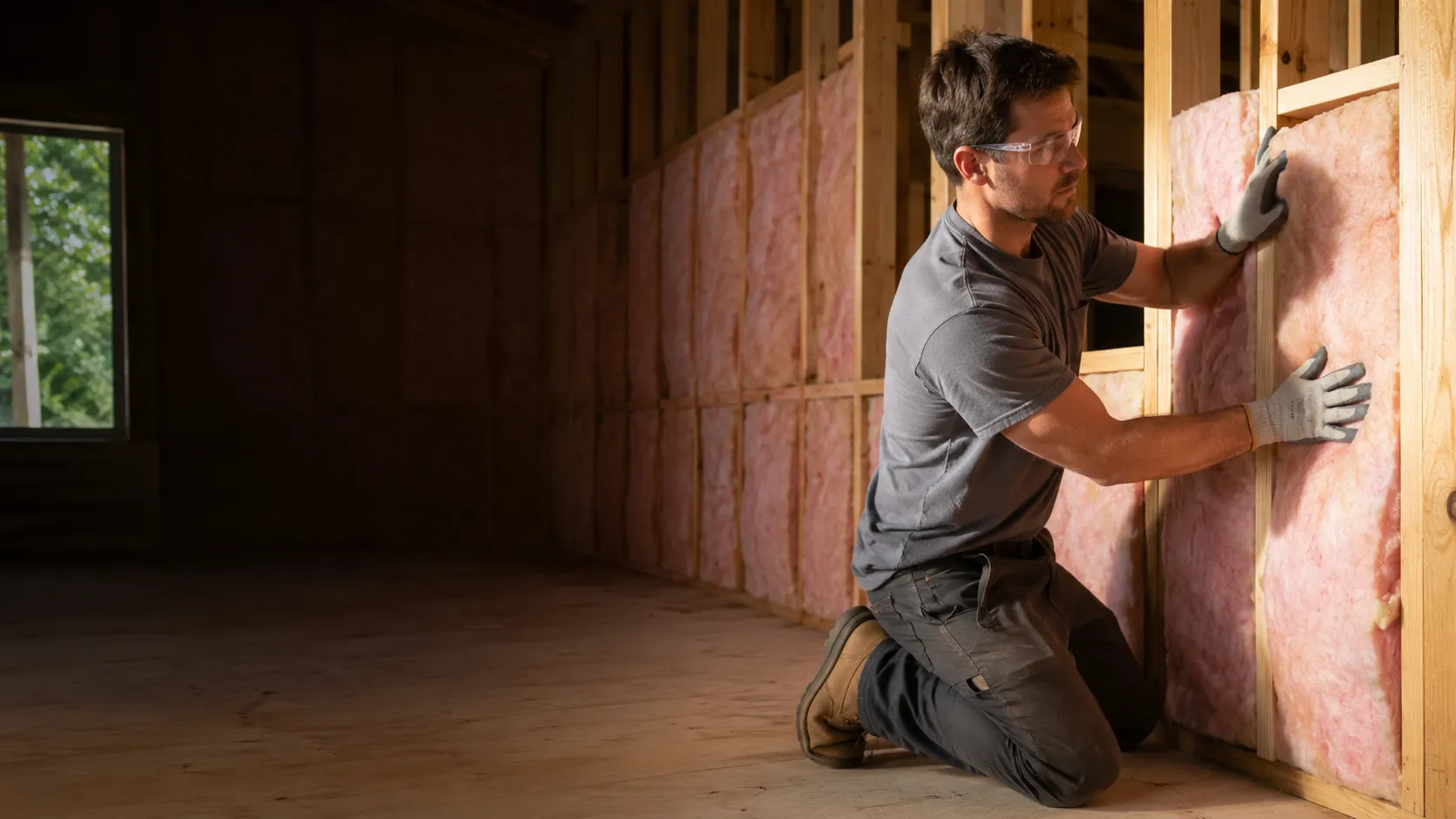 Insulation installer pressing a pink fibreglass batt into an open wood-stud wall, Abbotsford BC