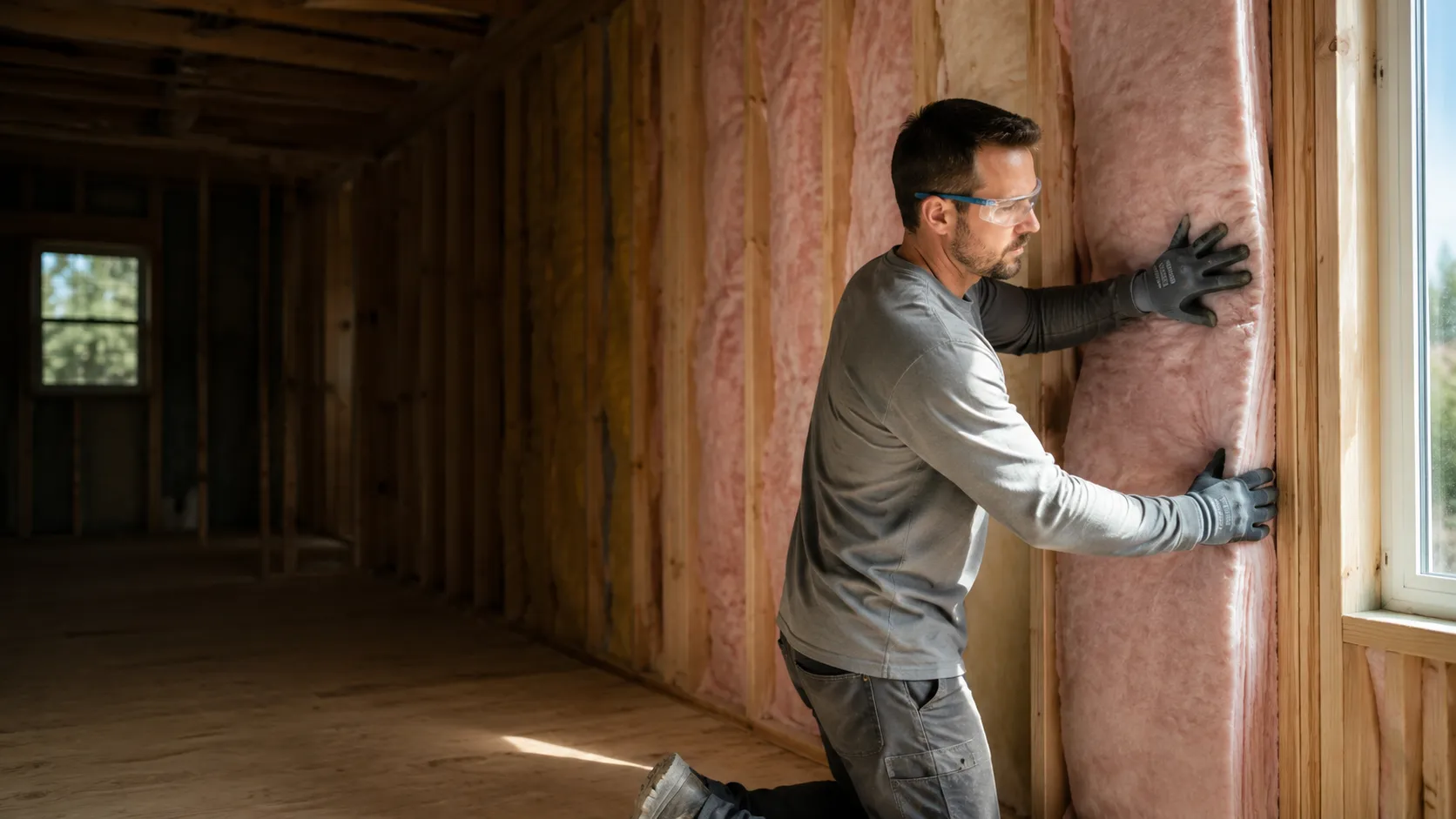 Insulation contractor fitting fibreglass batt insulation into an open wood-stud wall, Abbotsford BC