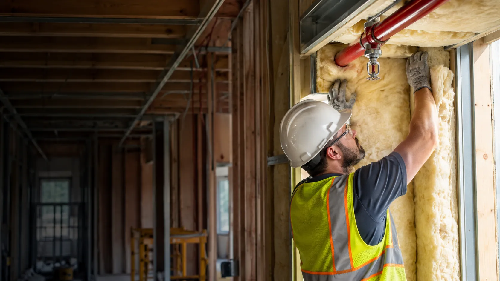 Insulation neatly fitted around a red fire-sprinkler line and box in a framed commercial corridor in Abbotsford — sprinkler box insulation Abbotsford