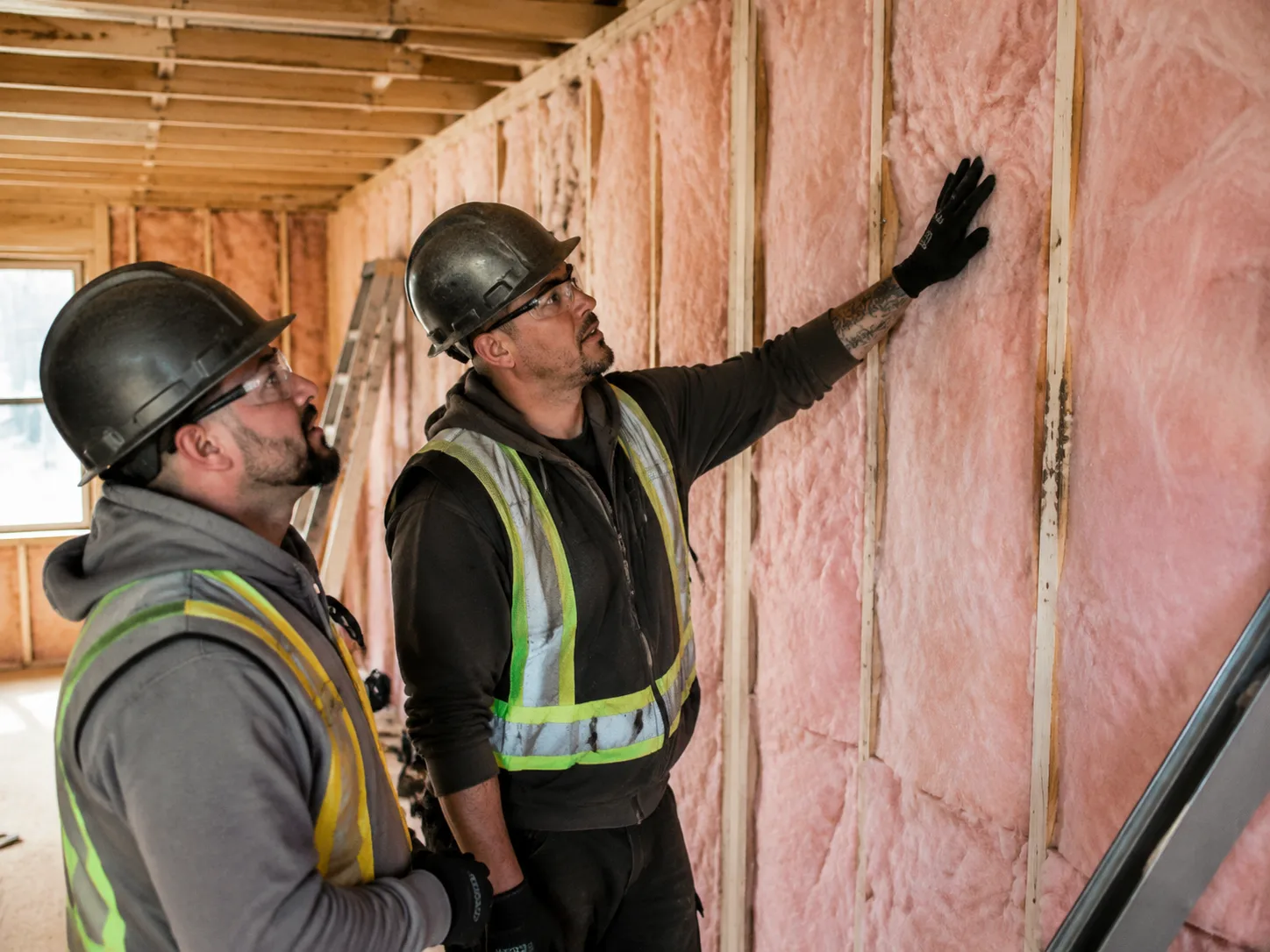 Khaira Insulation crew inspecting fibreglass batt insulation in a framed wall in Abbotsford