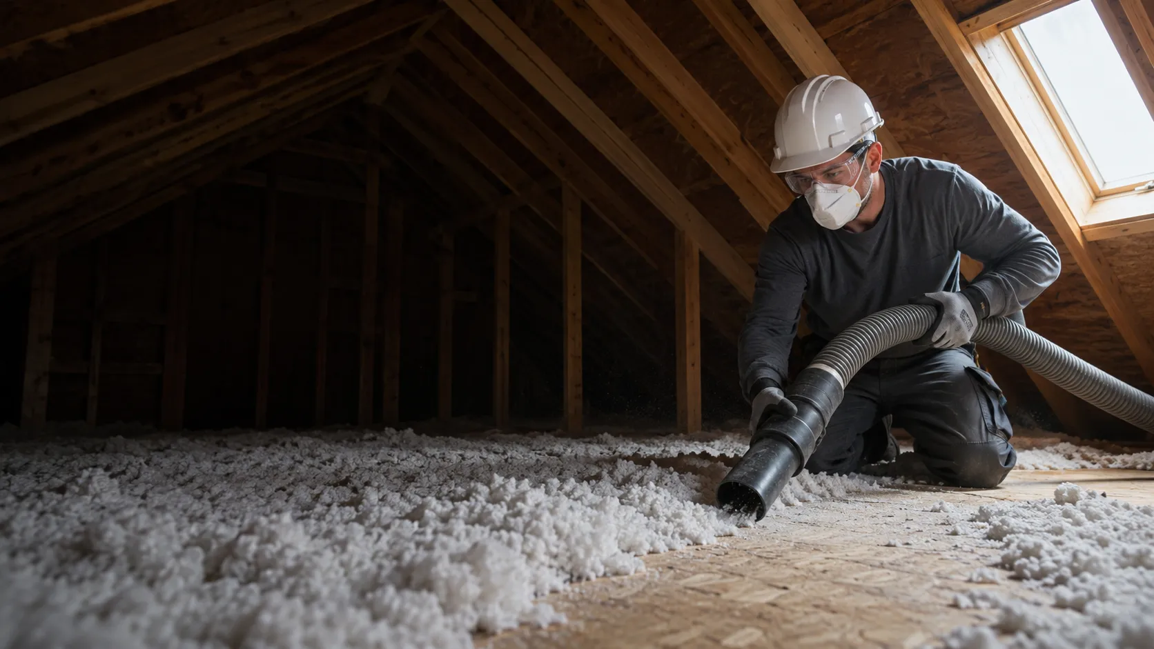 Worker using a HEPA vacuum to remove old blown-in insulation from a wood-framed Abbotsford attic