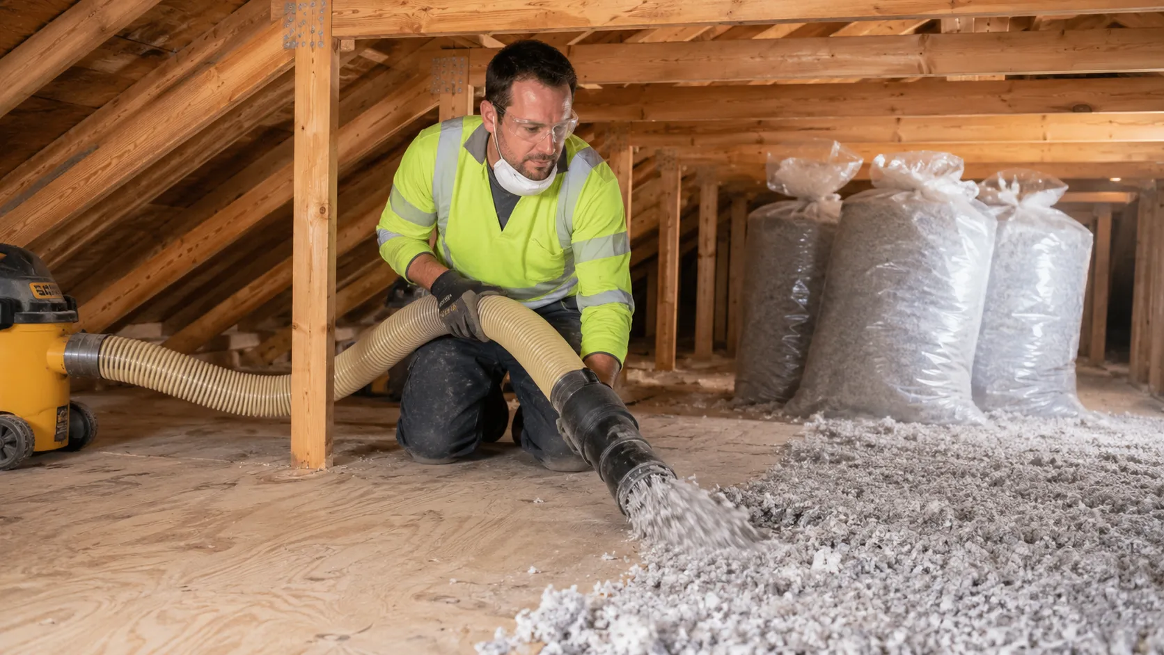 Worker vacuuming out old blown-in insulation and bagging it under containment in an attic